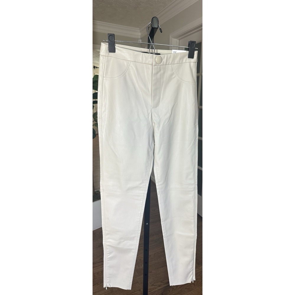 ZARA Faux Leather Legging Pants High Rise Cream White Skinny Zip Hem Sz Small